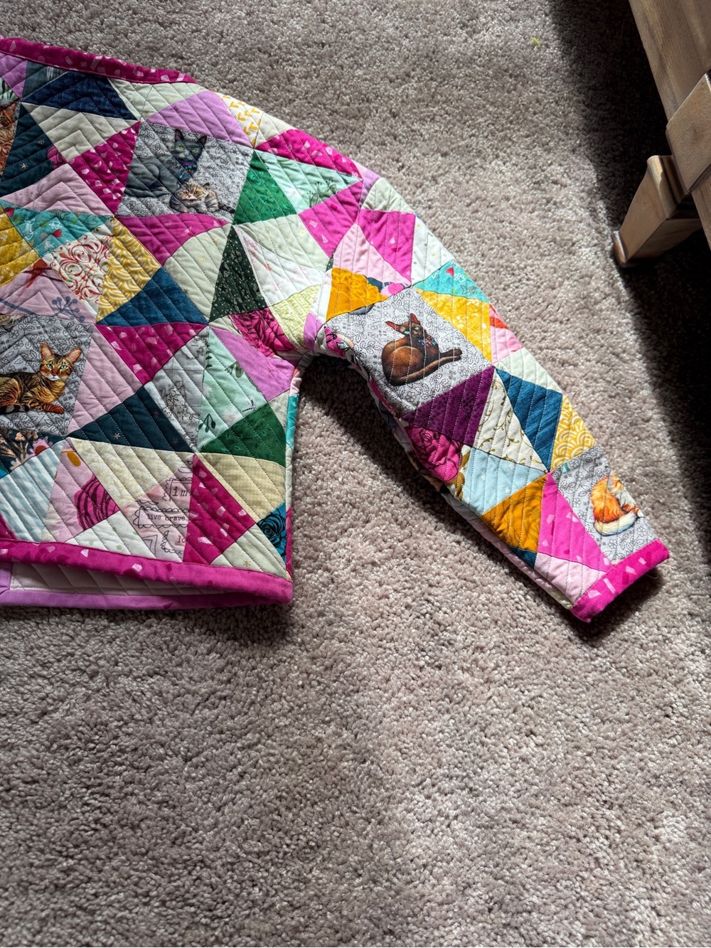 Girls handmade Colorful Triangle Patchwork Quilted Jacket with Kitty cat print - Picture 11 of 13